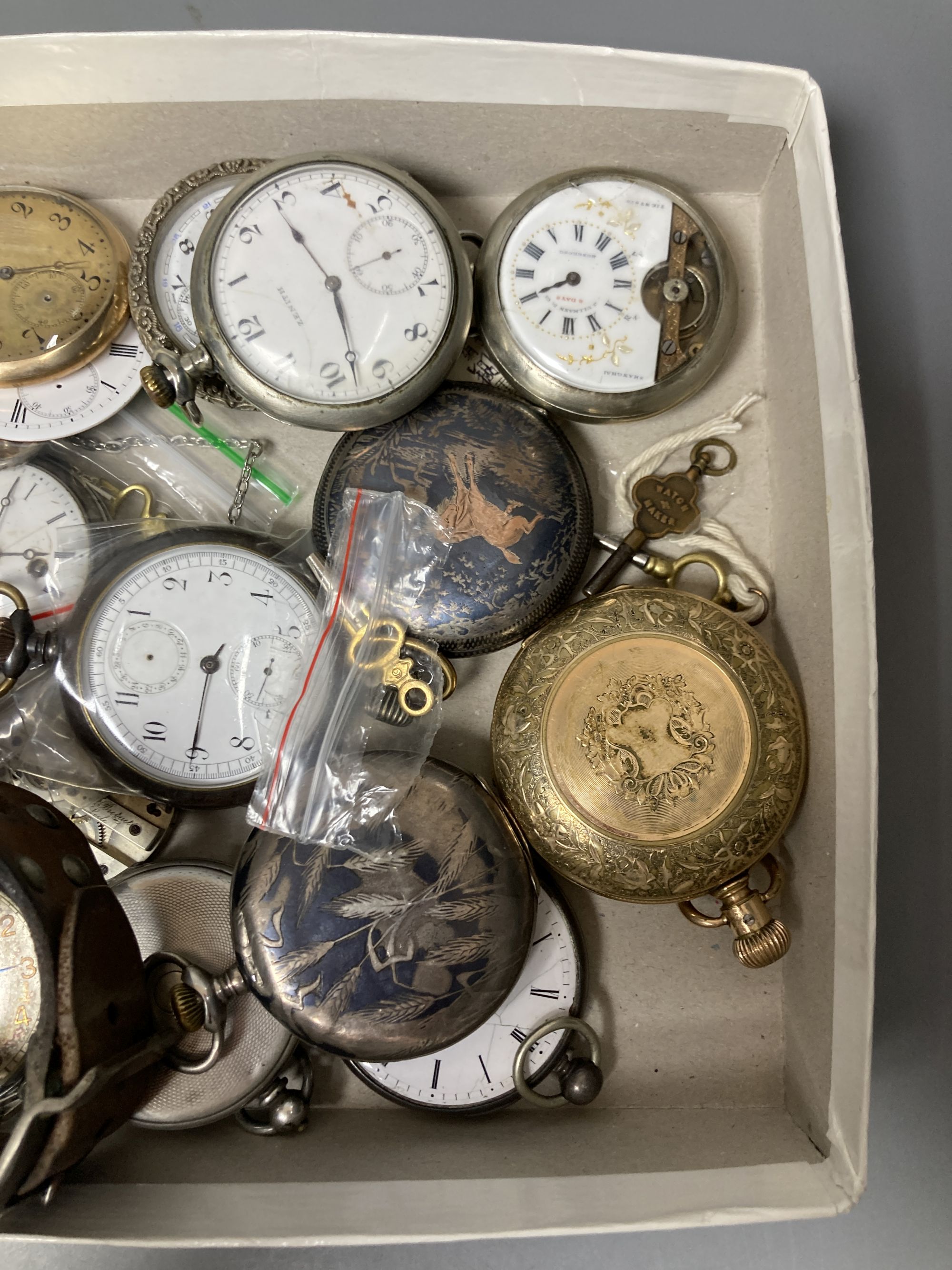 A collection of assorted mainly base metal pocket watches, movement etc. including niello, early 20th century wrist watch and a silver pair cased pocket watch (mainly a.f.).
